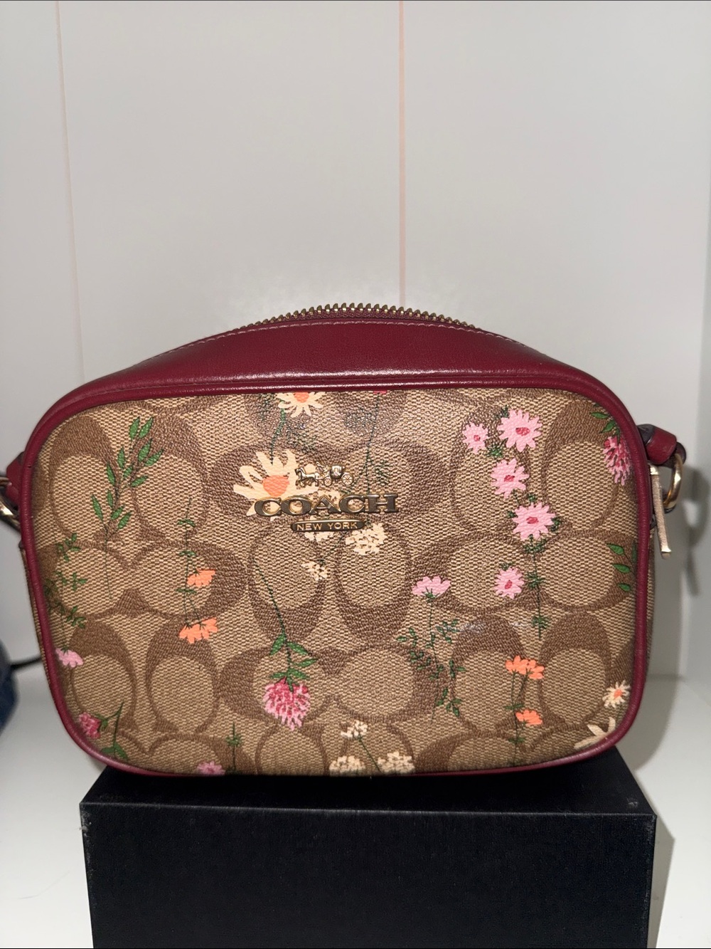 Coach Floral Signature Crossbody in Brown and Berry Pink Trim